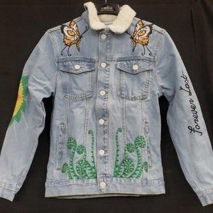 Zara "Nowhere To Be Found" "Forever Lost" Denim Embroidered Jacket Size S NWT